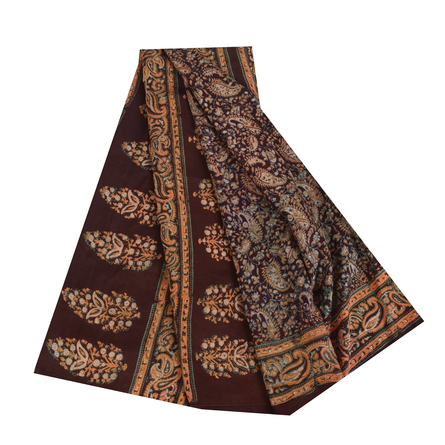 Sanskriti Vintage Sarees Brown Pure Silk Printed Sari 5+yd Craft Sustainable Fabric
