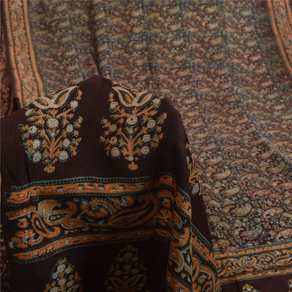 Sanskriti Vintage Sarees Brown Pure Silk Printed Sari 5+yd Craft Sustainable Fabric