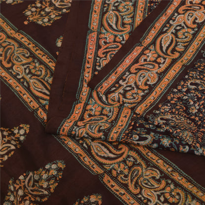 Sanskriti Vintage Sarees Brown Pure Silk Printed Sari 5+yd Craft Sustainable Fabric