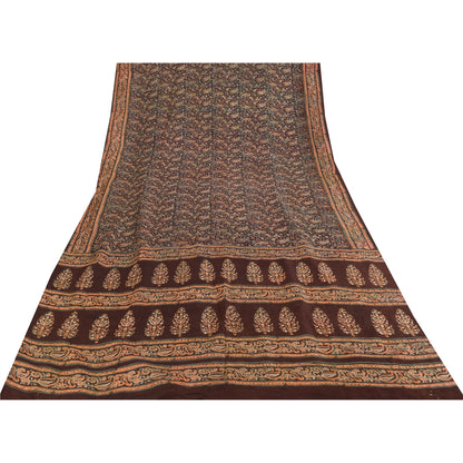 Sanskriti Vintage Sarees Brown Pure Silk Printed Sari 5+yd Craft Sustainable Fabric