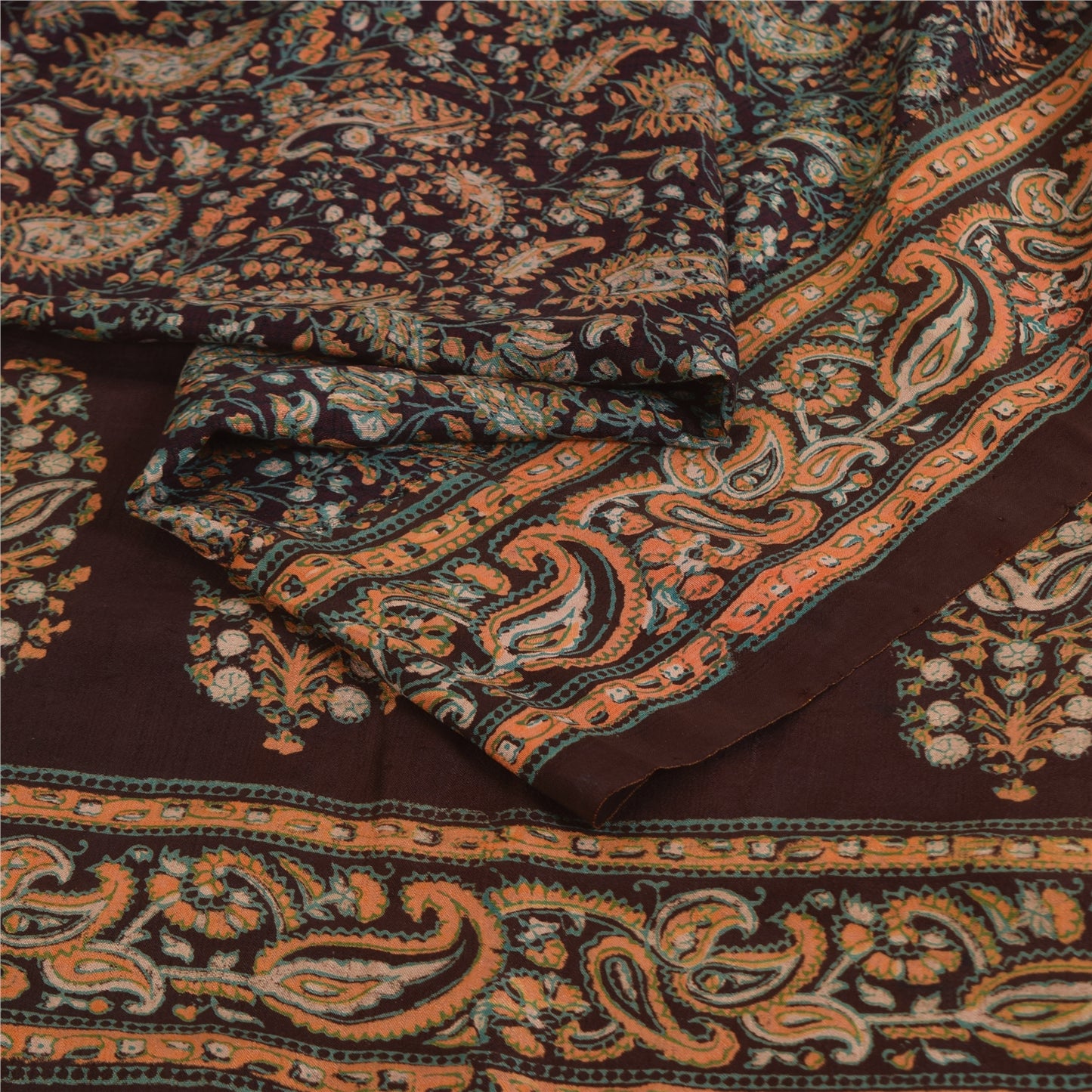 Sanskriti Vintage Sarees Brown Pure Silk Printed Sari 5+yd Craft Sustainable Fabric