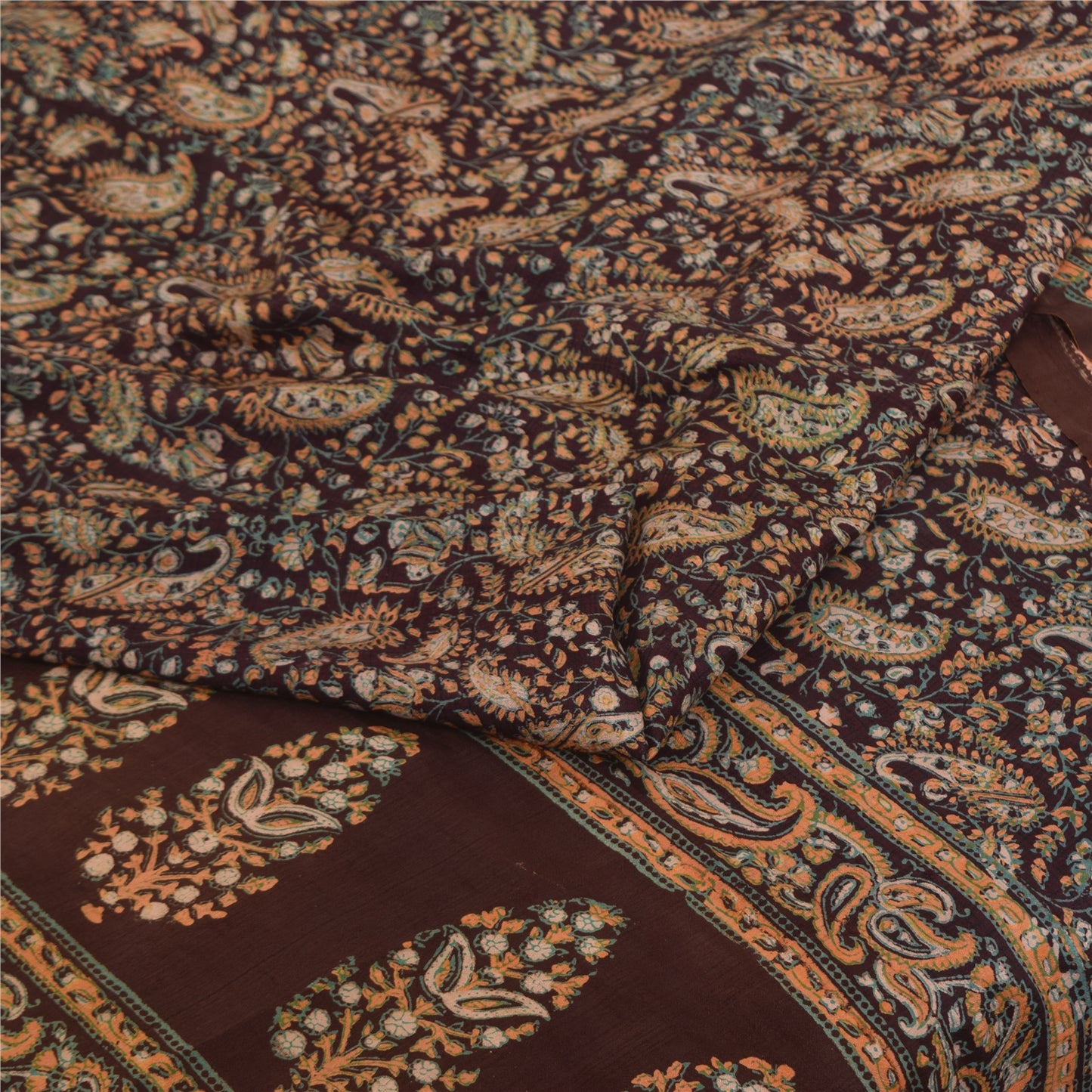 Sanskriti Vintage Sarees Brown Pure Silk Printed Sari 5+yd Craft Sustainable Fabric