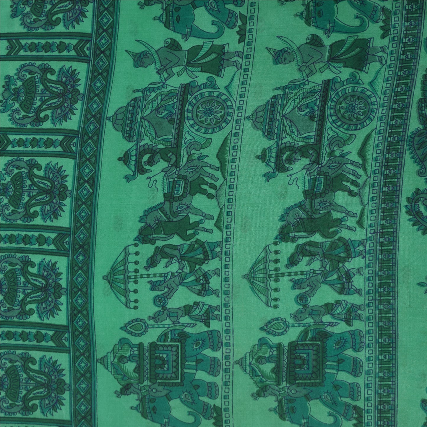 Sanskriti Vintage Sarees Sea Green Pure Silk Animal Human Print Sari 6yd Fabric
