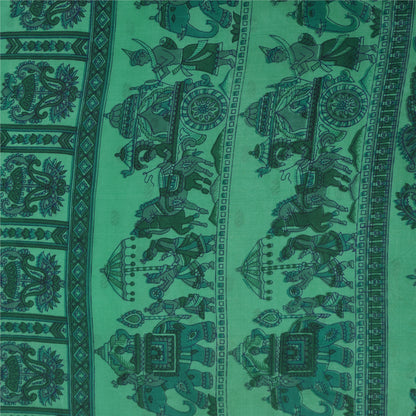 Sanskriti Vintage Sarees Sea Green Pure Silk Animal Human Print Sari 6yd Fabric