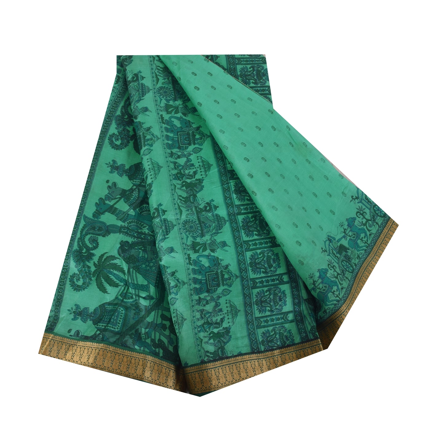 Sanskriti Vintage Sarees Sea Green Pure Silk Animal Human Print Sari 6yd Fabric