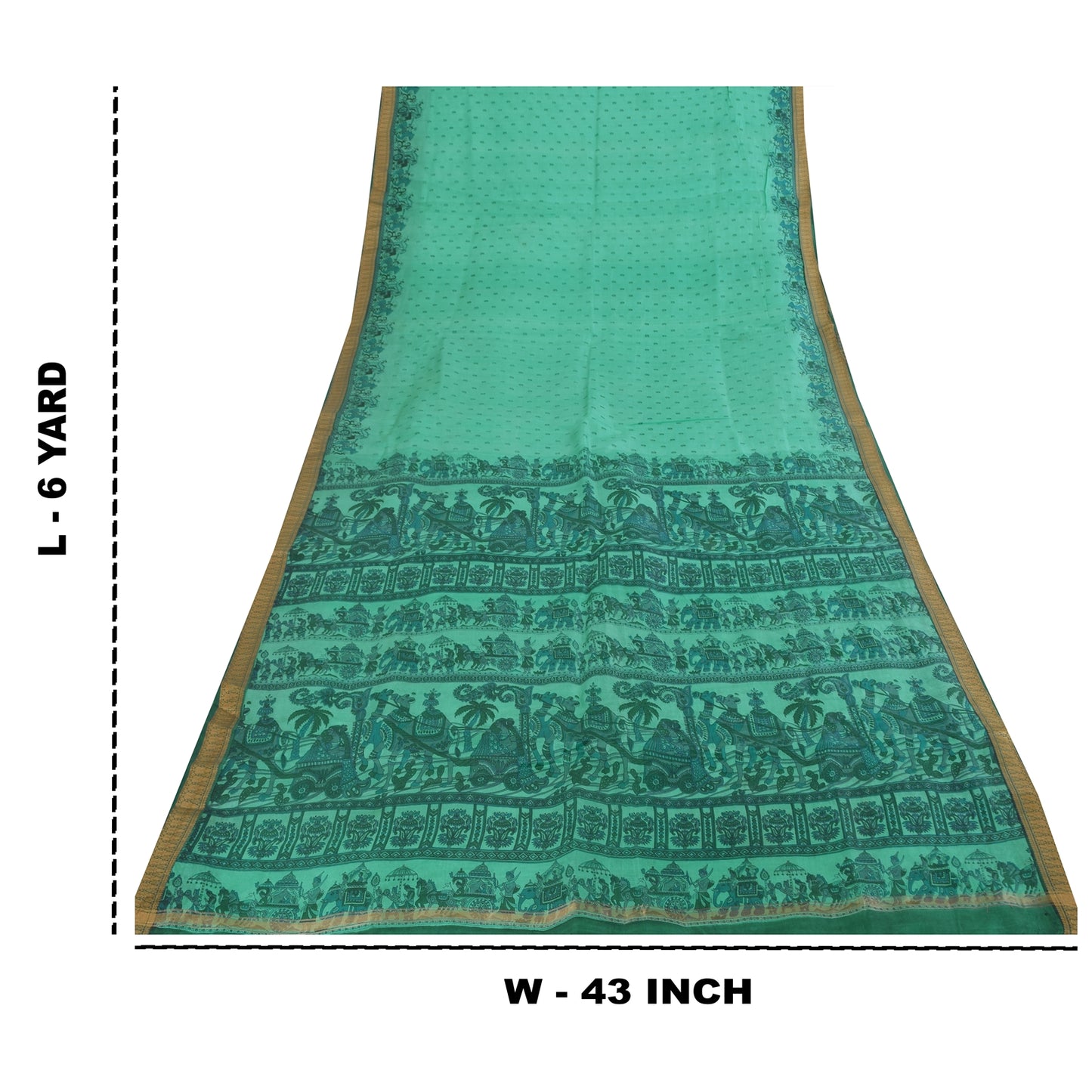 Sanskriti Vintage Sarees Sea Green Pure Silk Animal Human Print Sari 6yd Fabric
