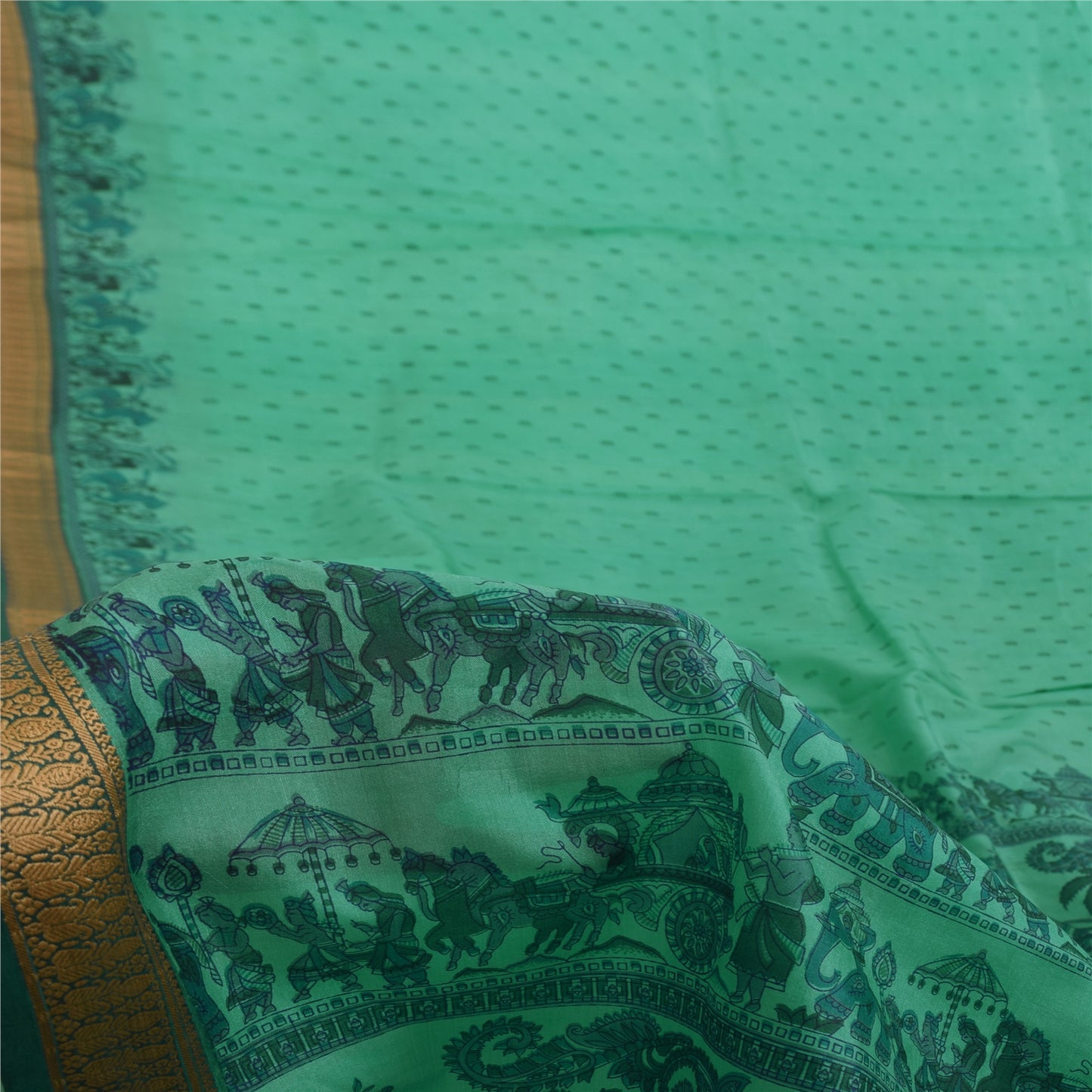 Sanskriti Vintage Sarees Sea Green Pure Silk Animal Human Print Sari 6yd Fabric