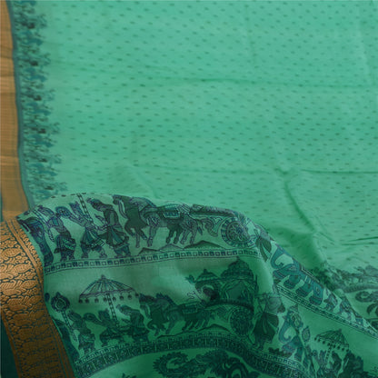 Sanskriti Vintage Sarees Sea Green Pure Silk Animal Human Print Sari 6yd Fabric
