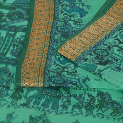 Sanskriti Vintage Sarees Sea Green Pure Silk Animal Human Print Sari 6yd Fabric