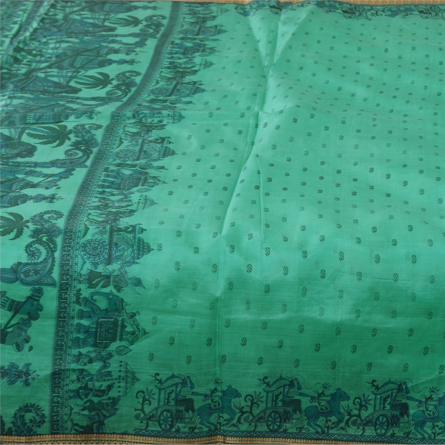 Sanskriti Vintage Sarees Sea Green Pure Silk Animal Human Print Sari 6yd Fabric