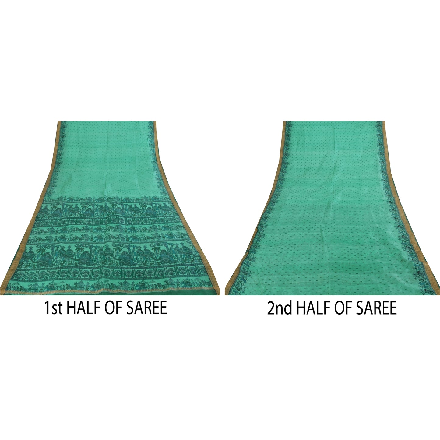 Sanskriti Vintage Sarees Sea Green Pure Silk Animal Human Print Sari 6yd Fabric
