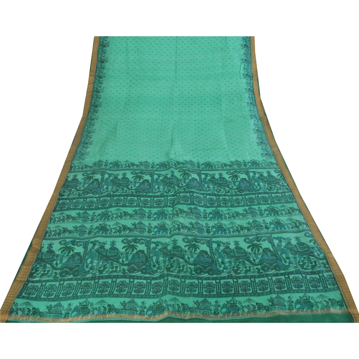 Sanskriti Vintage Sarees Sea Green Pure Silk Animal Human Print Sari 6yd Fabric