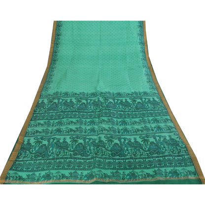 Sanskriti Vintage Sarees Sea Green Pure Silk Animal Human Print Sari 6yd Fabric