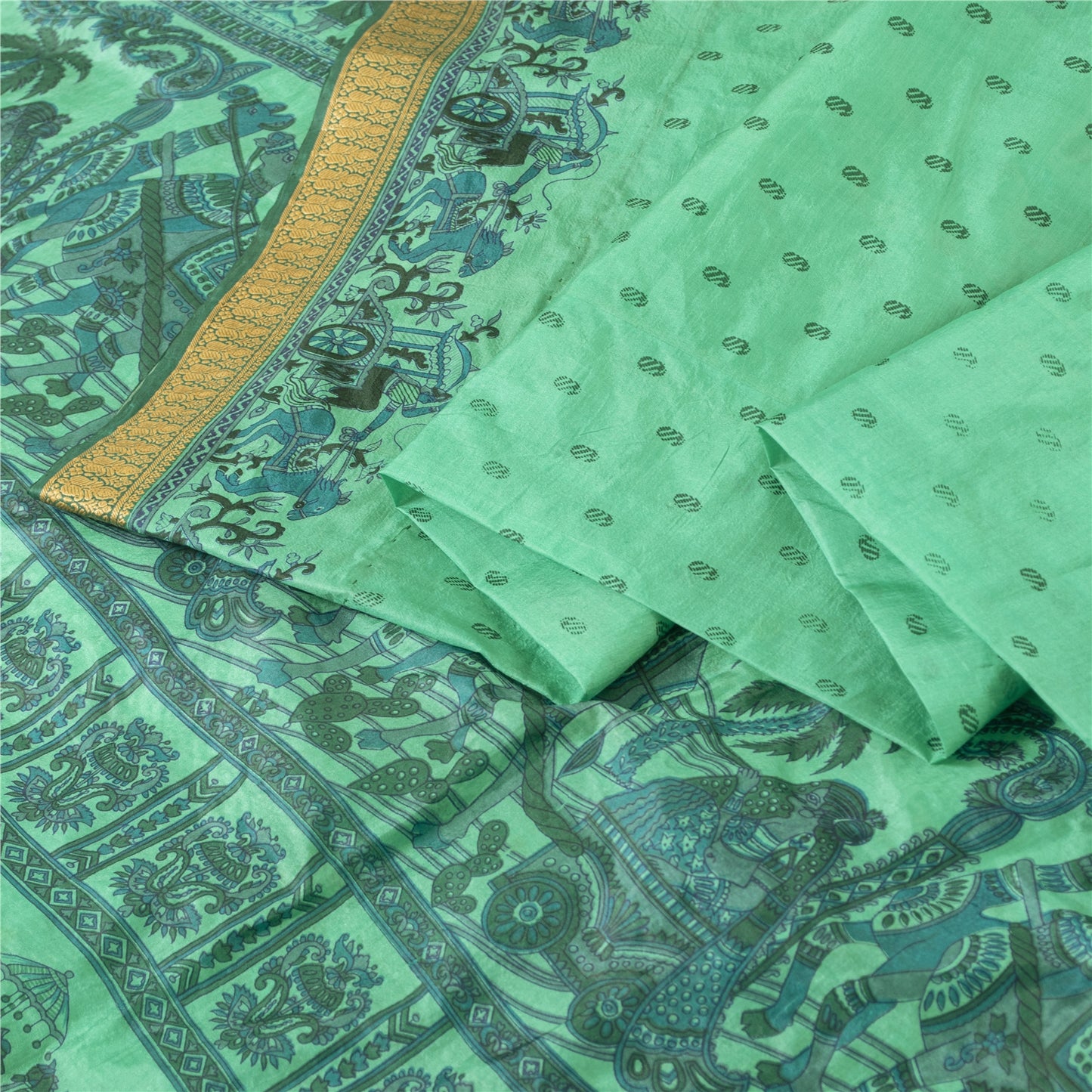 Sanskriti Vintage Sarees Sea Green Pure Silk Animal Human Print Sari 6yd Fabric