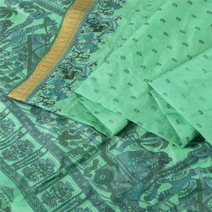Sanskriti Vintage Sarees Sea Green Pure Silk Animal Human Print Sari 6yd Fabric