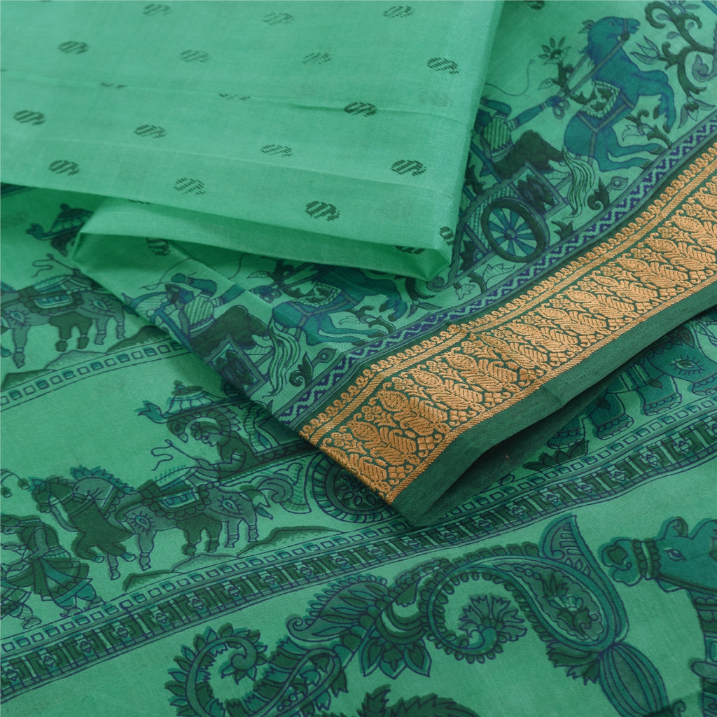 Sanskriti Vintage Sarees Sea Green Pure Silk Animal Human Print Sari 6yd Fabric