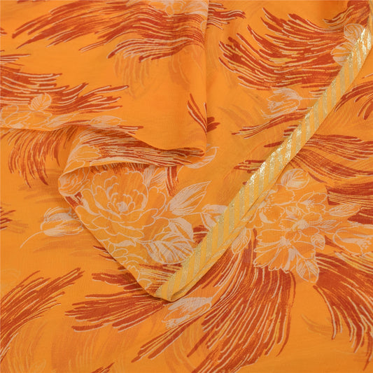 Sanskriti Vintage Sarees Orange Pure Chiffon Silk Printed Sari 5+yd Craft Sustainable Fabric