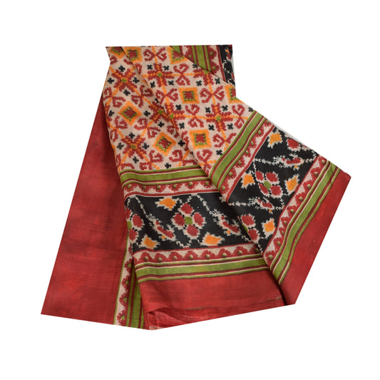 Sanskriti Vintage Sarees Red & Ivory Pure Silk Patan Patola Printed Sari Sustainable Fabric