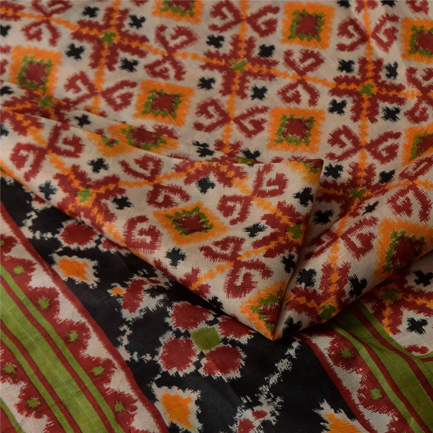 Sanskriti Vintage Sarees Red & Ivory Pure Silk Patan Patola Printed Sari Sustainable Fabric