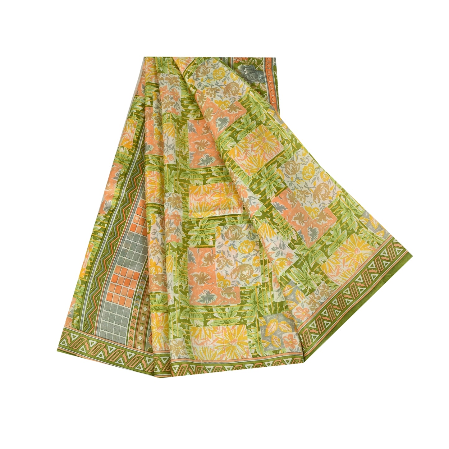 Сари Sanskriti Vintage, зеленое, 100% чистый шелк, напечатанное сари, 5+ ярдов, ткань для рукоделия, устойчивая к истиранию