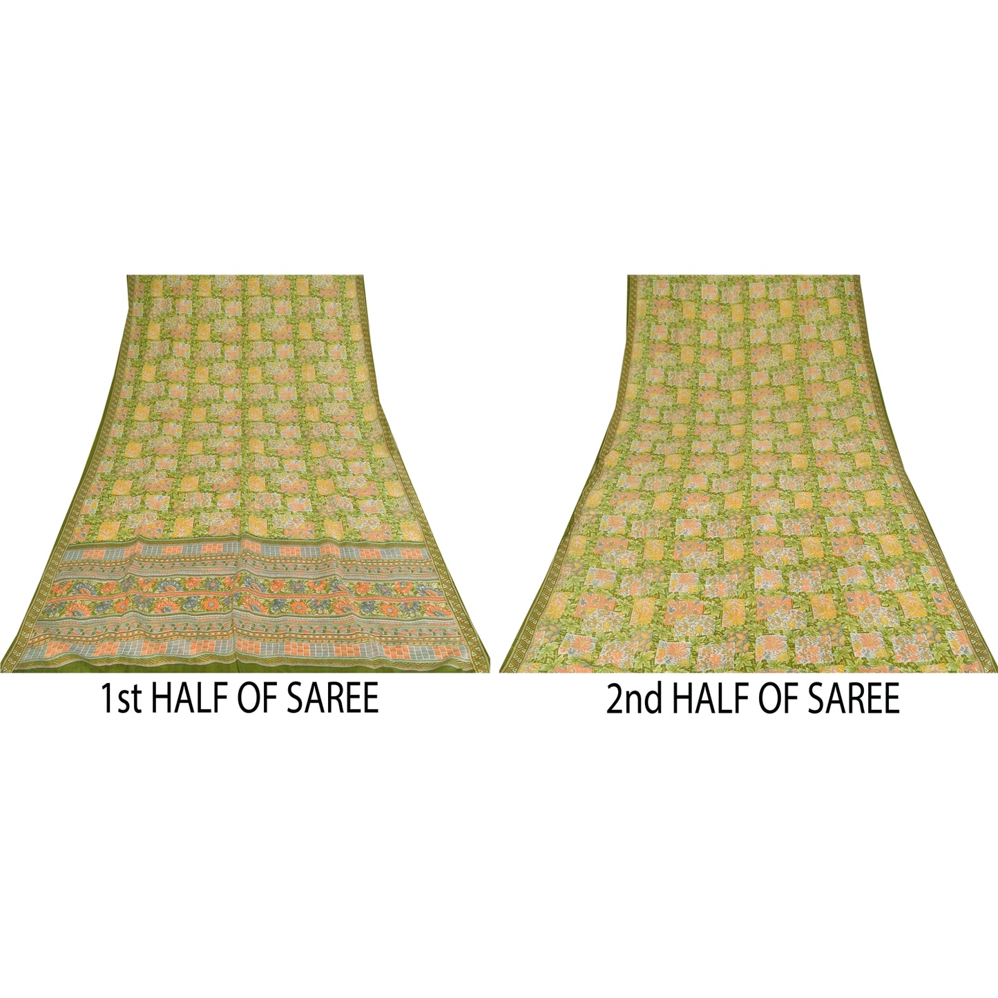 Сари Sanskriti Vintage, зеленое, 100% чистый шелк, напечатанное сари, 5+ ярдов, ткань для рукоделия, устойчивая к истиранию