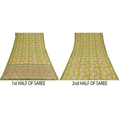 Сари Sanskriti Vintage, зеленое, 100% чистый шелк, напечатанное сари, 5+ ярдов, ткань для рукоделия, устойчивая к истиранию