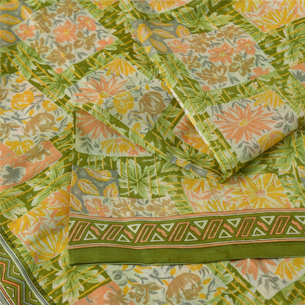 Сари Sanskriti Vintage, зеленое, 100% чистый шелк, напечатанное сари, 5+ ярдов, ткань для рукоделия, устойчивая к истиранию