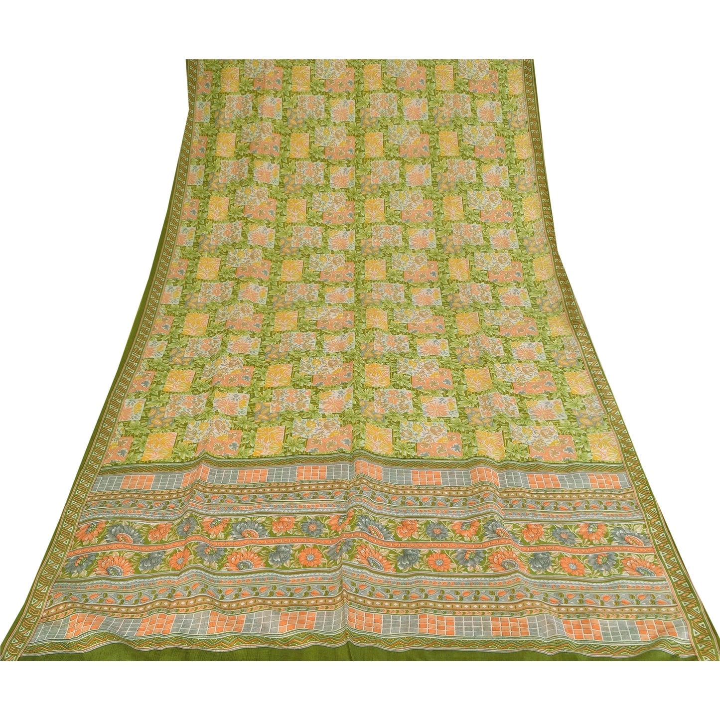 Сари Sanskriti Vintage, зеленое, 100% чистый шелк, напечатанное сари, 5+ ярдов, ткань для рукоделия, устойчивая к истиранию