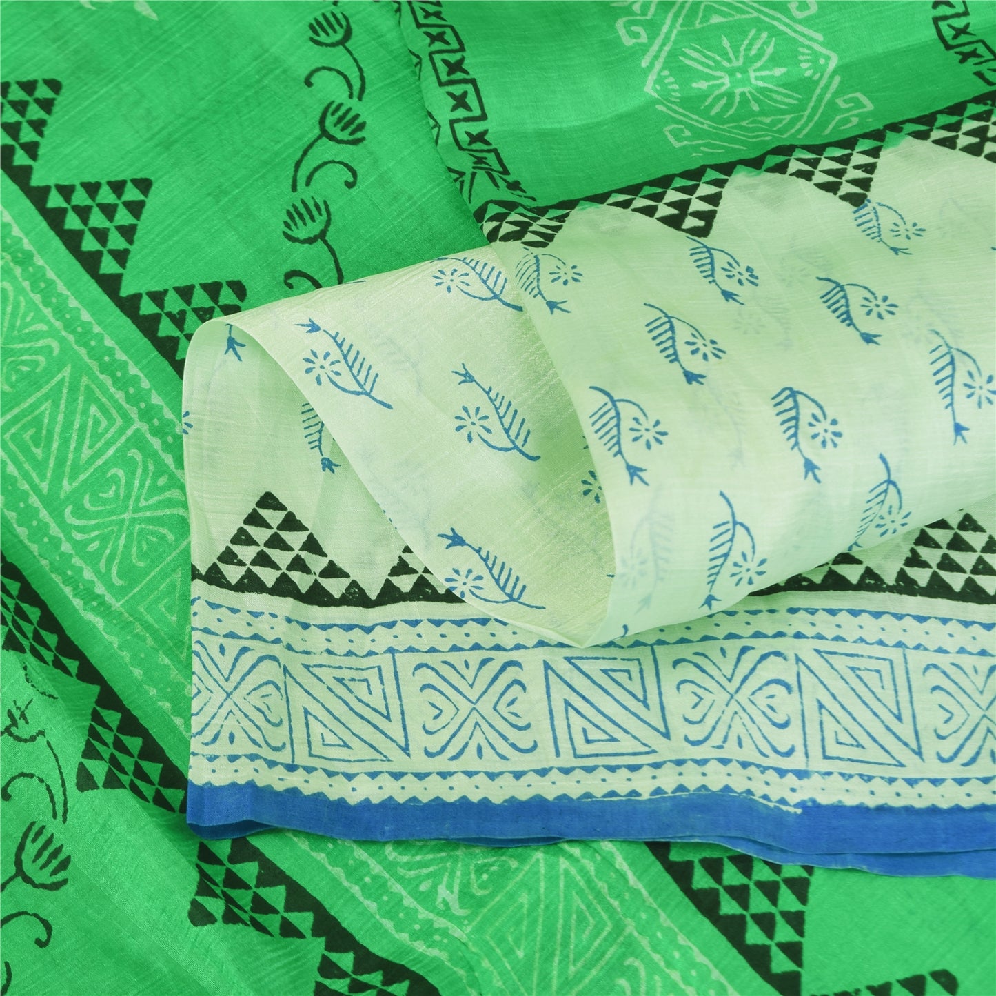 Sanskriti Vintage Sarees Green & Ivory Pure Silk Printed Sari 5+yd Craft Sustainable Fabric