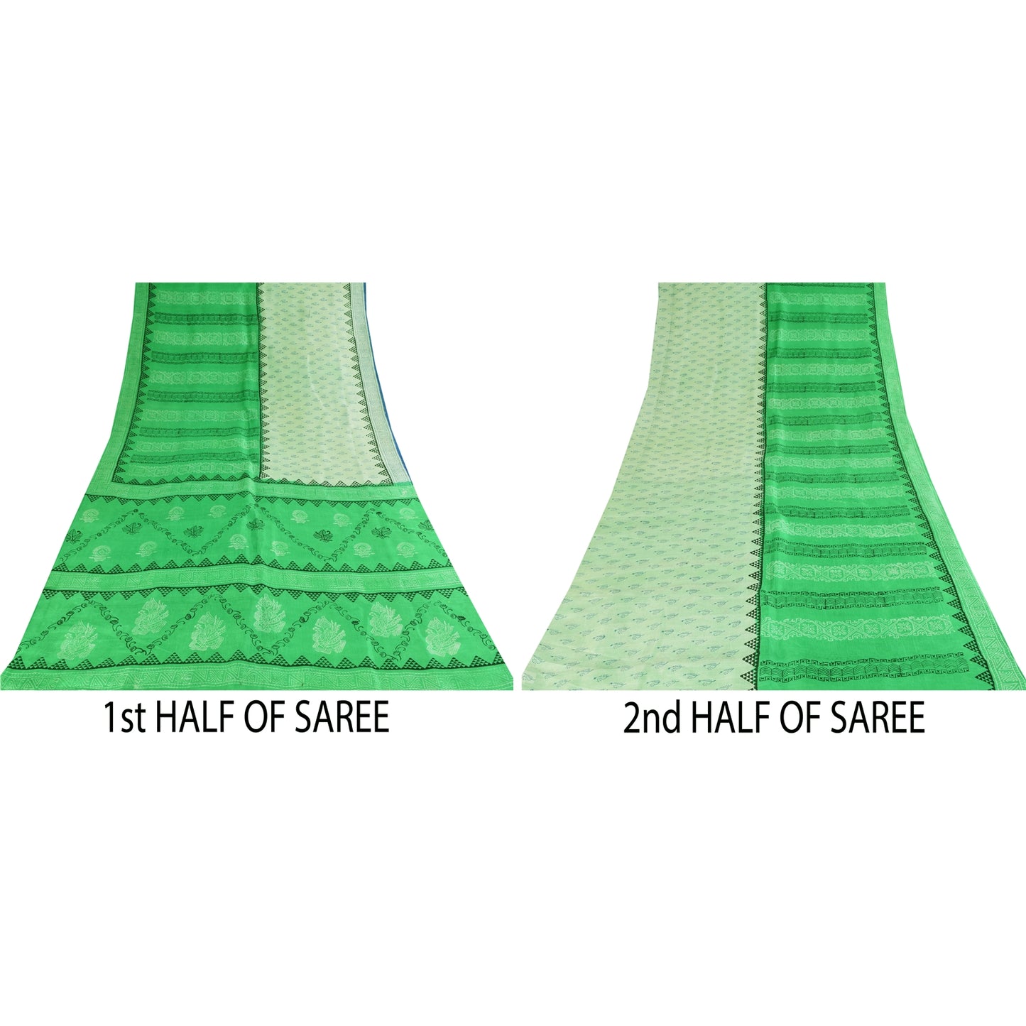 Sanskriti Vintage Sarees Green & Ivory Pure Silk Printed Sari 5+yd Craft Sustainable Fabric