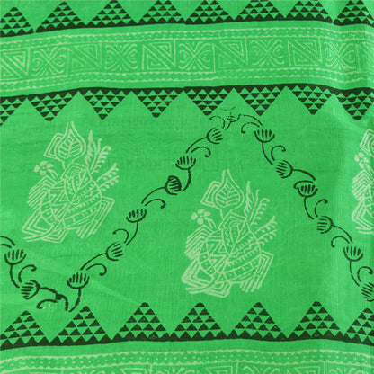 Sanskriti Vintage Sarees Green & Ivory Pure Silk Printed Sari 5+yd Craft Sustainable Fabric