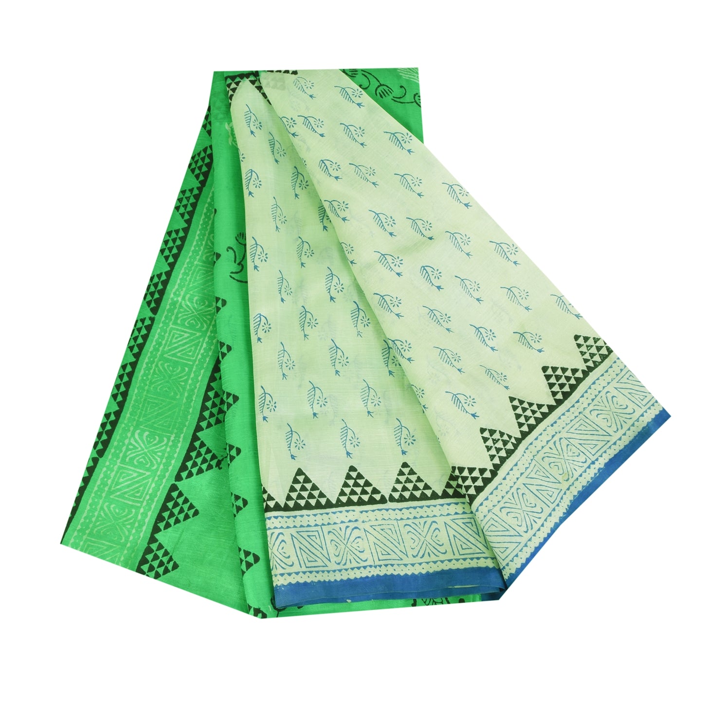Sanskriti Vintage Sarees Green & Ivory Pure Silk Printed Sari 5+yd Craft Sustainable Fabric