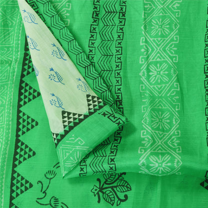 Sanskriti Vintage Sarees Green & Ivory Pure Silk Printed Sari 5+yd Craft Sustainable Fabric