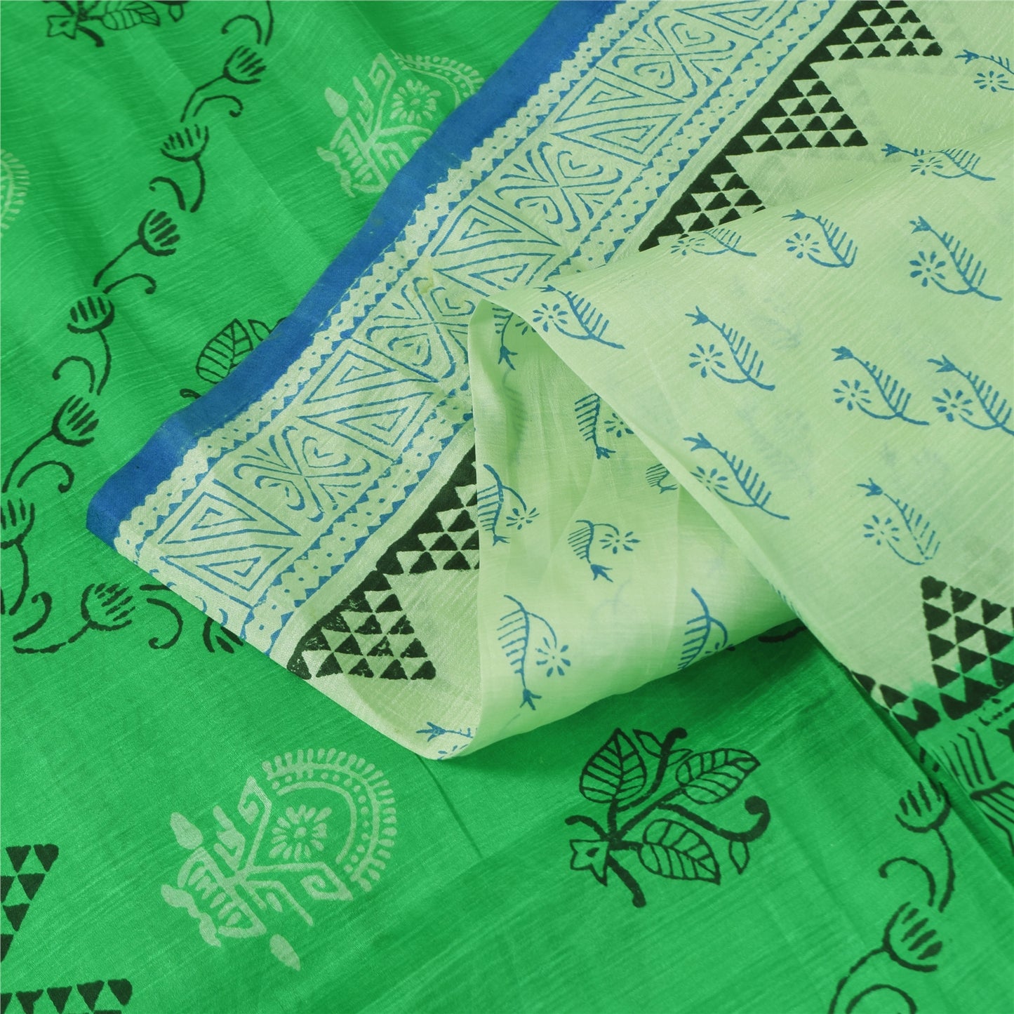 Sanskriti Vintage Sarees Green & Ivory Pure Silk Printed Sari 5+yd Craft Sustainable Fabric