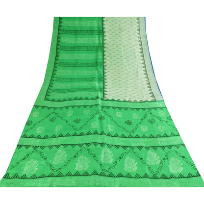 Sanskriti Vintage Sarees Green & Ivory Pure Silk Printed Sari 5+yd Craft Sustainable Fabric