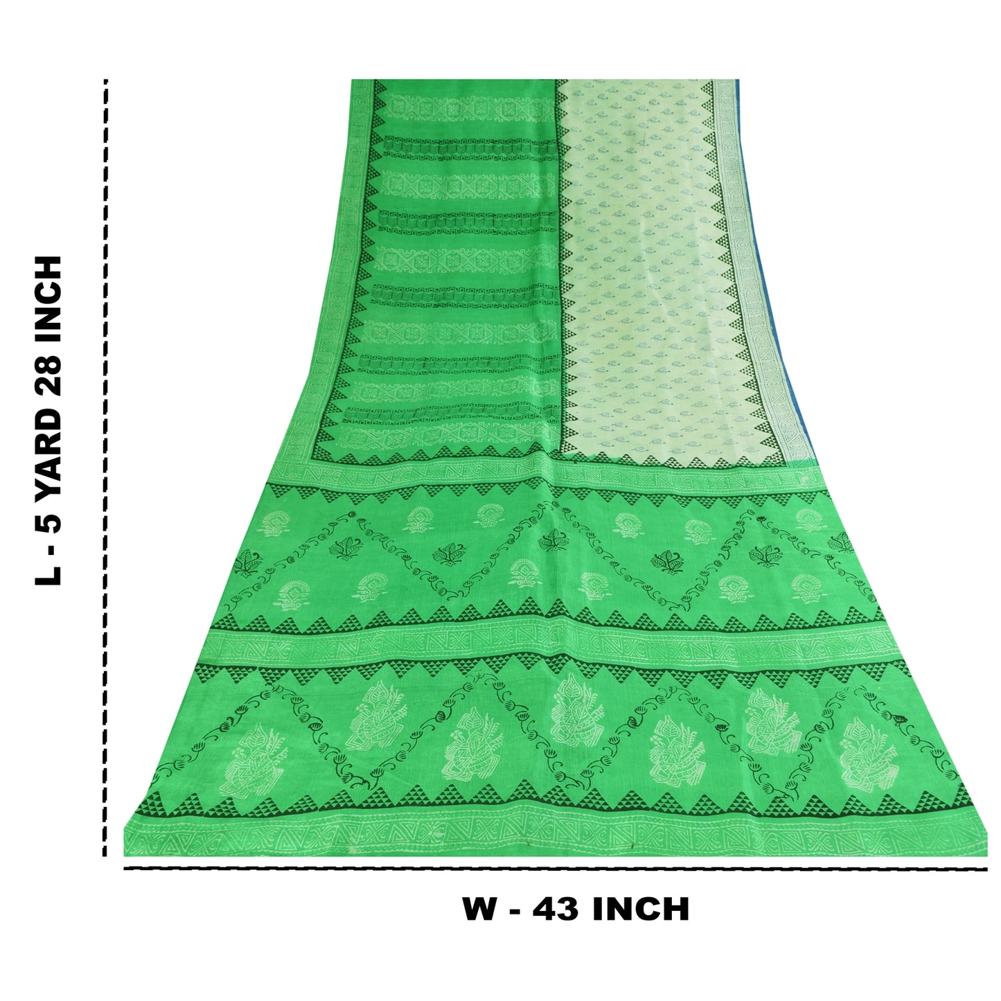 Sanskriti Vintage Sarees Green & Ivory Pure Silk Printed Sari 5+yd Craft Sustainable Fabric