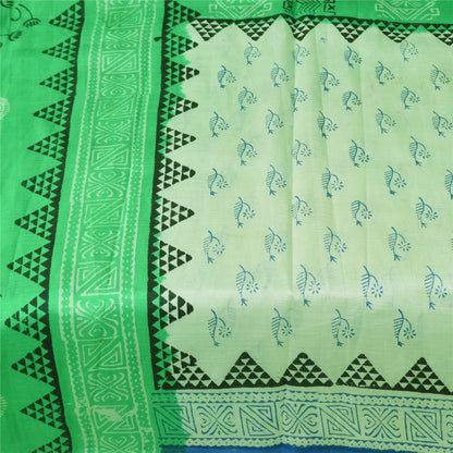 Sanskriti Vintage Sarees Green & Ivory Pure Silk Printed Sari 5+yd Craft Sustainable Fabric