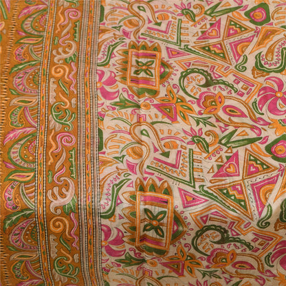 Sanskriti Vintage Sarees Ivory Indian Pure Silk Printed Sari 5+yd Craft Fabric