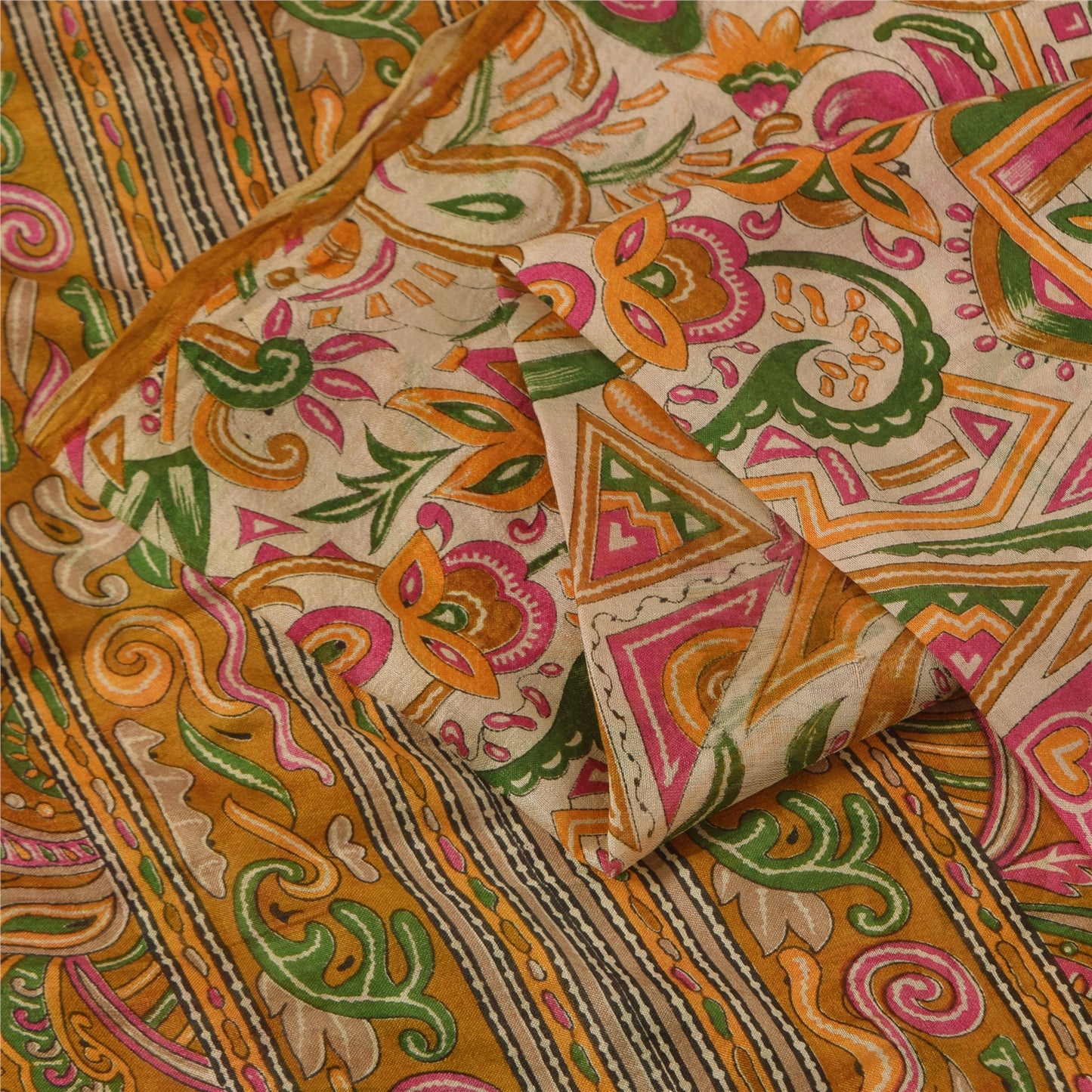 Sanskriti Vintage Sarees Ivory Indian Pure Silk Printed Sari 5+yd Craft Fabric