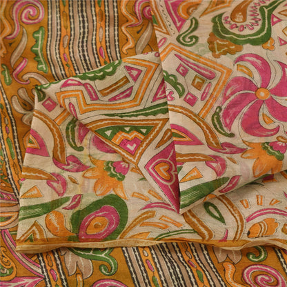 Sanskriti Vintage Sarees Ivory Indian Pure Silk Printed Sari 5+yd Craft Fabric