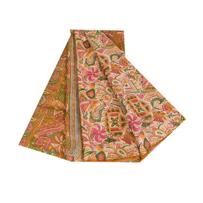 Sanskriti Vintage Sarees Ivory Indian Pure Silk Printed Sari 5+yd Craft Fabric