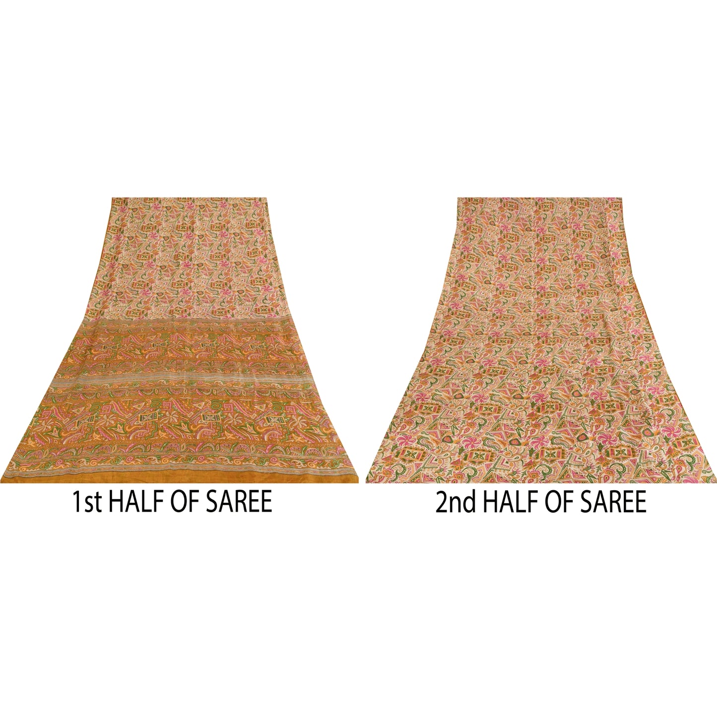 Sanskriti Vintage Sarees Ivory Indian Pure Silk Printed Sari 5+yd Craft Fabric