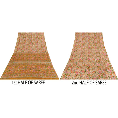 Sanskriti Vintage Sarees Ivory Indian Pure Silk Printed Sari 5+yd Craft Fabric