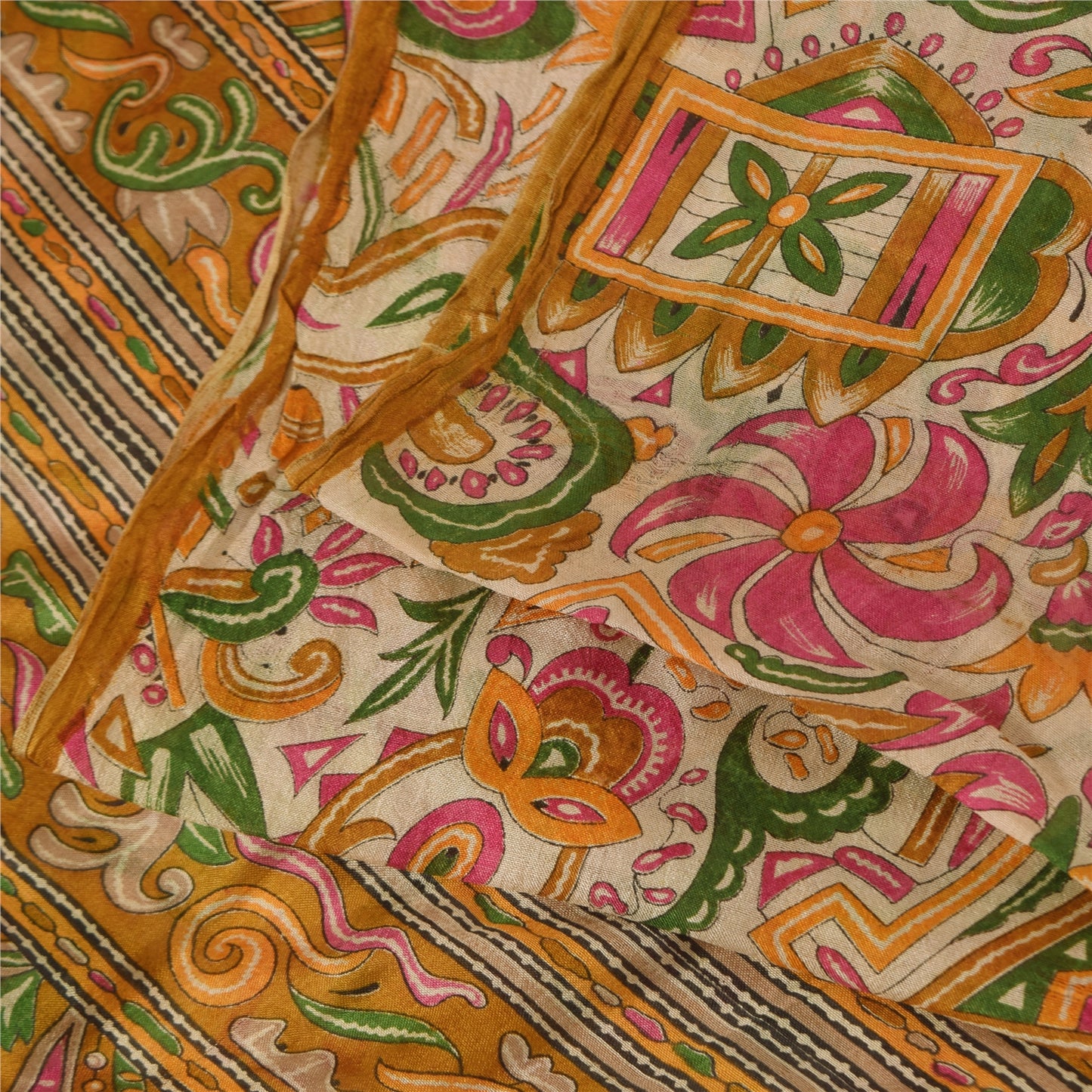 Sanskriti Vintage Sarees Ivory Indian Pure Silk Printed Sari 5+yd Craft Fabric