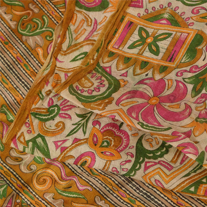 Sanskriti Vintage Sarees Ivory Indian Pure Silk Printed Sari 5+yd Craft Fabric