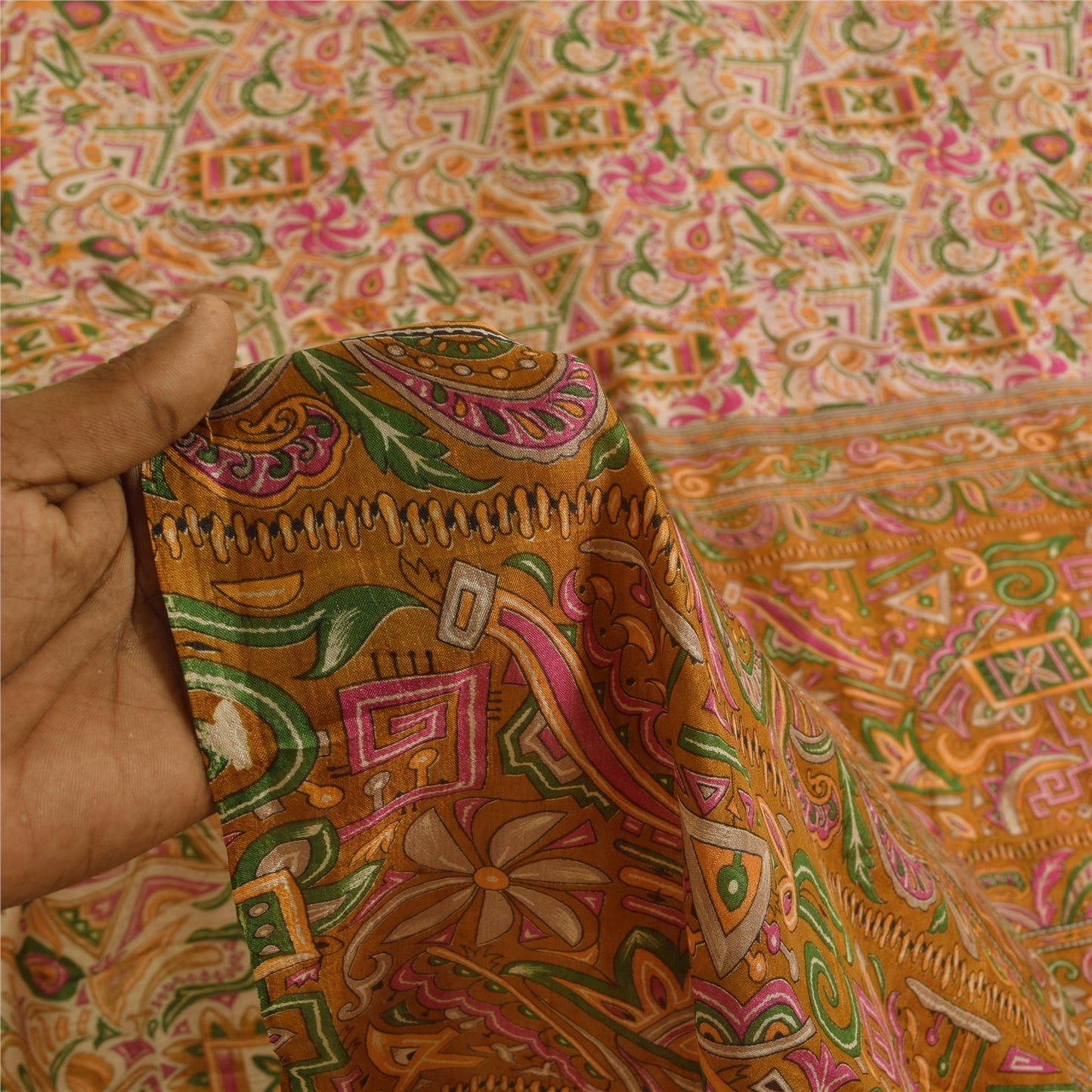 Sanskriti Vintage Sarees Ivory Indian Pure Silk Printed Sari 5+yd Craft Fabric