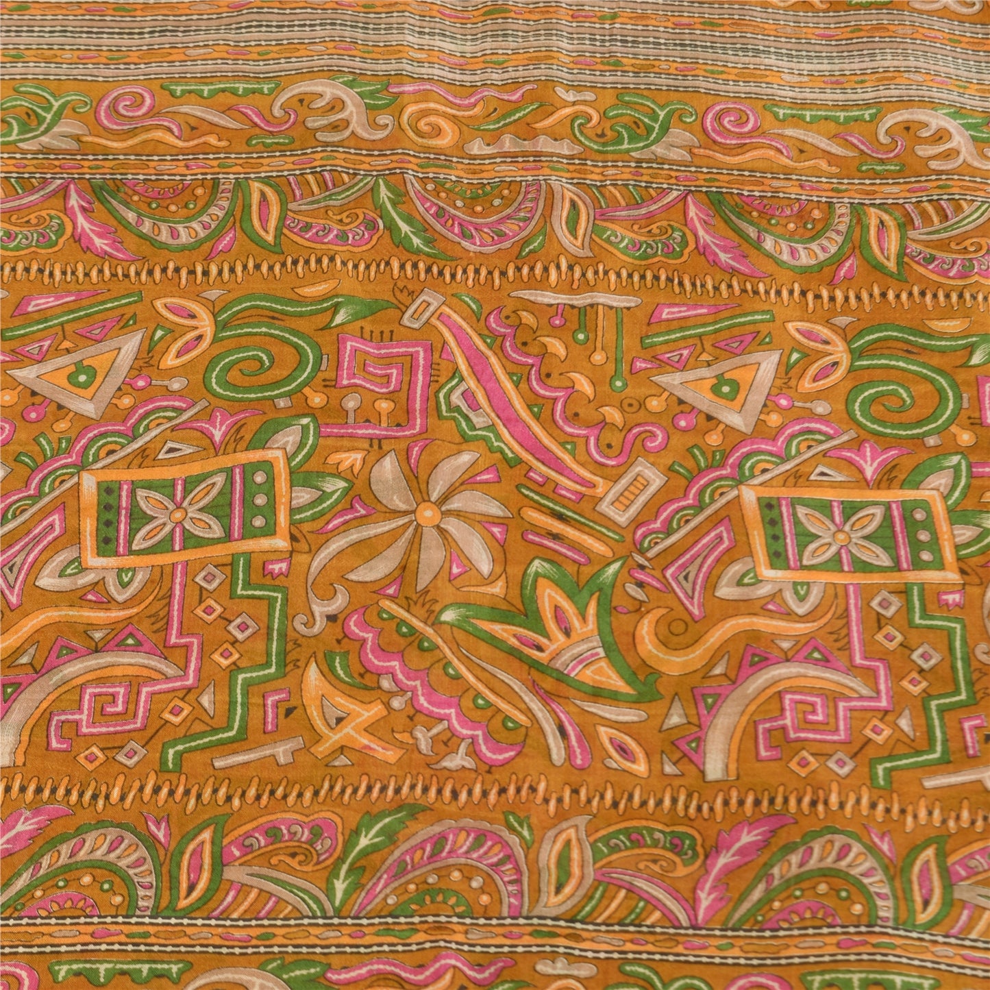 Sanskriti Vintage Sarees Ivory Indian Pure Silk Printed Sari 5+yd Craft Fabric