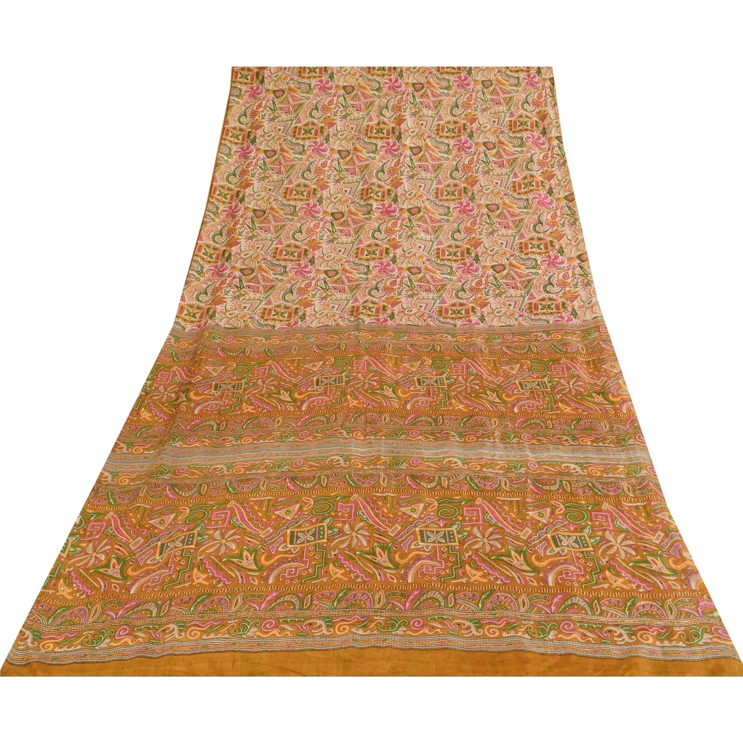 Sanskriti Vintage Sarees Ivory Indian Pure Silk Printed Sari 5+yd Craft Fabric