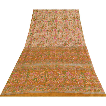 Sanskriti Vintage Sarees Ivory Indian Pure Silk Printed Sari 5+yd Craft Fabric