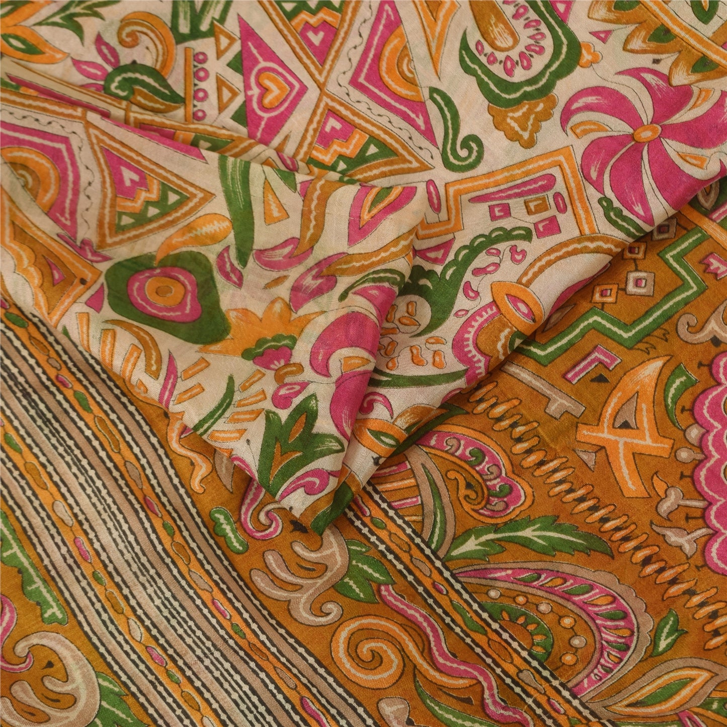 Sanskriti Vintage Sarees Ivory Indian Pure Silk Printed Sari 5+yd Craft Fabric